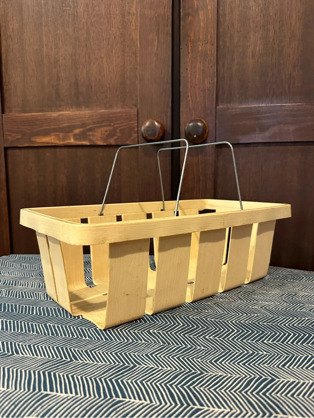 Faux wood • apple crate • metal handles • basket